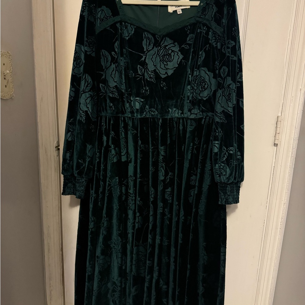 EUC JessaKae Sophie Dress size 1x Elegant Dark Green Floral Velvet Midi Dress - Picture 2 of 3